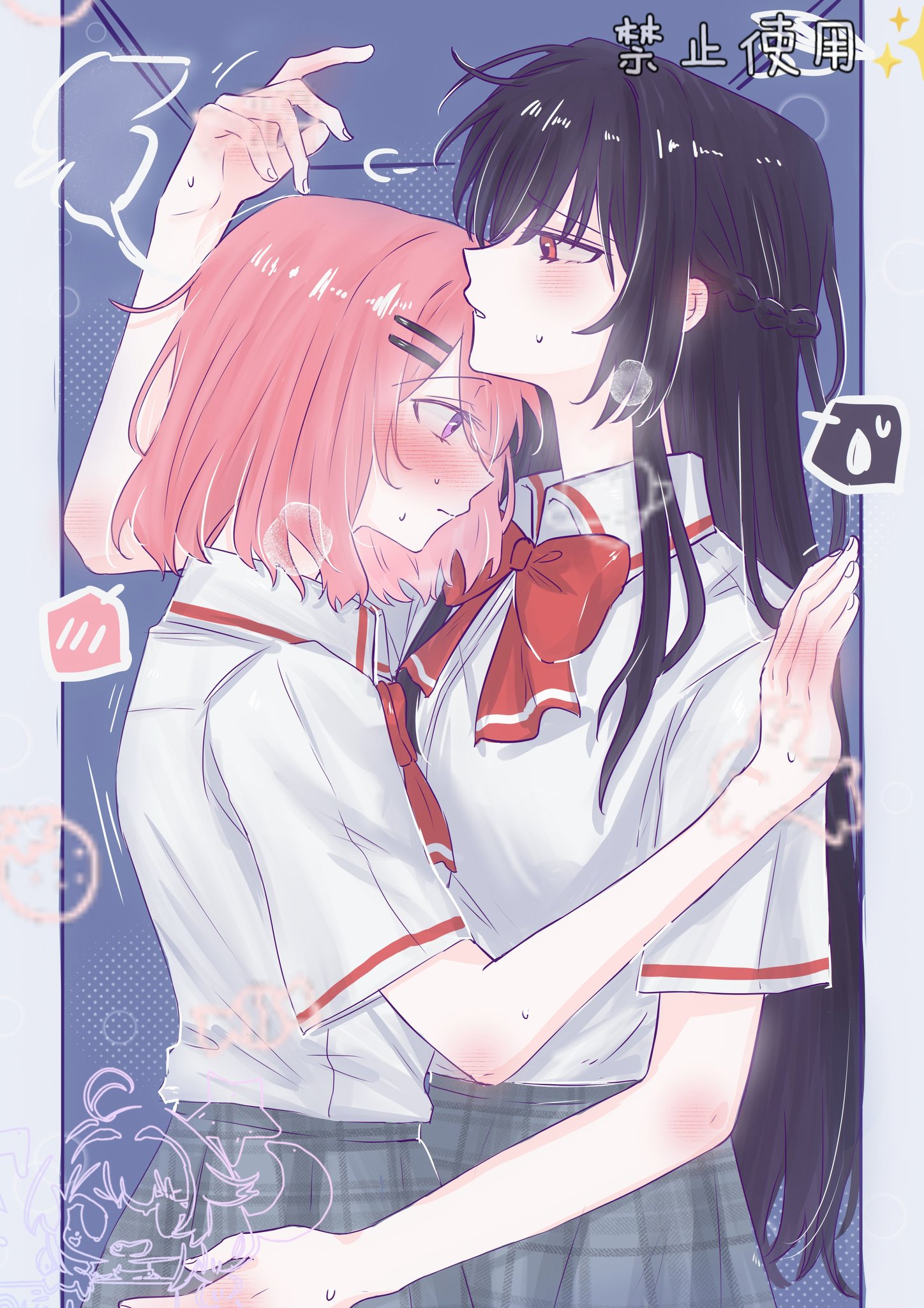 amaori renako, koto satsuki, watashi ga koibito ni nareru wake naijan murimuri!, commentary, highres, 2girls, anshang0125, black hair, blush, bow, bowtie, braid, grey skirt, hair ornament, hairclip, half up braid, hand blush, long hair, multiple girls, pink hair, plaid clothes, plaid skirt, pleated skirt, purple eyes, red bow, red bowtie, red eyes, school uniform, shirt, short hair, short sleeves, skirt, sweatdrop, white shirt, yuri