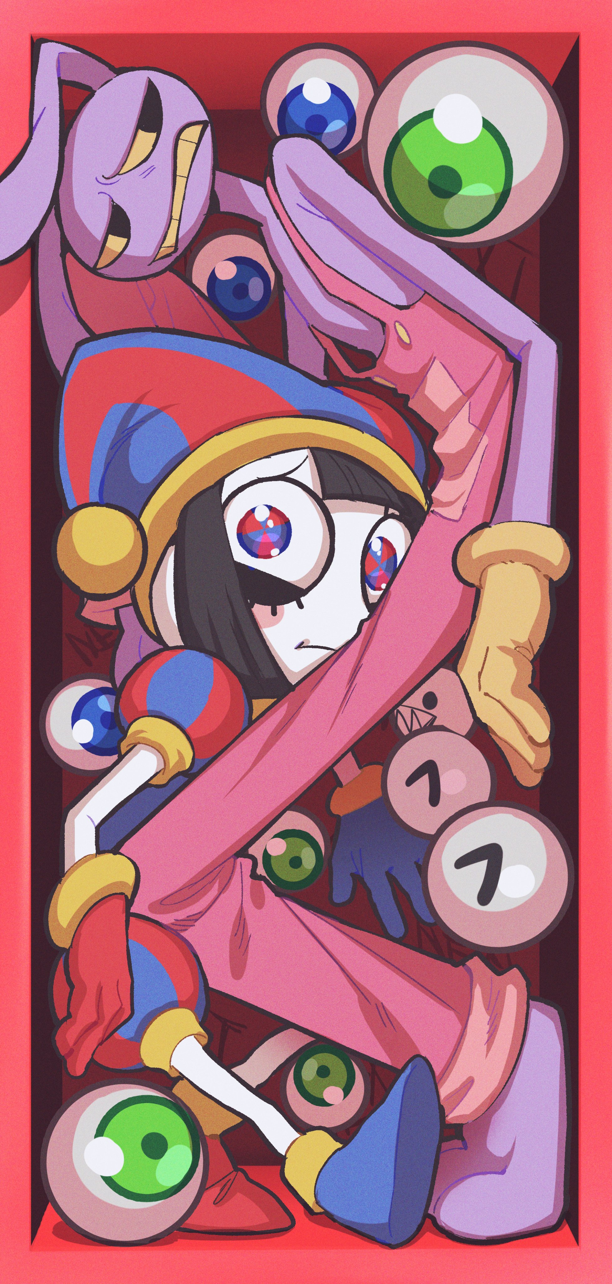 sasar1211, bubble (the amazing digital circus), jax (the amazing digital circus), pomni (the amazing digital circus), the amazing digital circus, absurdres, hashtag-only commentary, highres, 1boy, 1girl, black eyes, black hair, blue eyes, colored sclera, eyeball, gloves, green eyes, hat, jester, jester cap, multicolored eyes, overalls, rabbit boy, red eyes, red gloves, short hair, skirt, trapped, white skirt, yellow gloves, yellow sclera