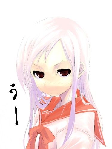 lucy maria misora, to heart (series), to heart 2, lowres, 00s, 1girl, brown eyes, female focus, head down, long hair, looking at viewer, pink hair, school uniform, serafuku, simple background, solo, upper body, white background