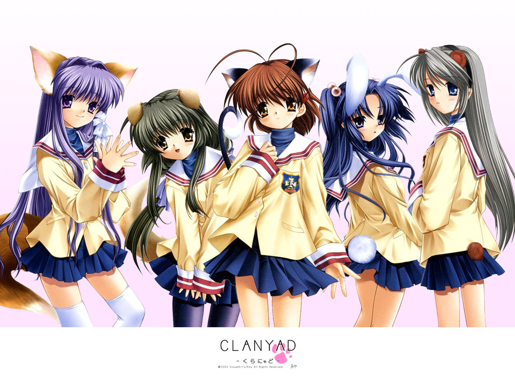 hinoue itaru, fujibayashi kyou, furukawa nagisa, ibuki fuuko, ichinose kotomi, sakagami tomoyo, clannad, silver hair, white legwear, 00s, 5girls, animal ears, antenna hair, bear ears, bear tail, black hair, blue eyes, blue hair, brown eyes, brown hair, cat ears, cat tail, dog ears, dog tail, everyone, fox ears, fox tail, hair bobbles, hair intakes, hair ornament, hairband, kemonomimi mode, long hair, looking back, multiple girls, pantyhose, pleated skirt, purple eyes, purple hair, rabbit ears, rabbit tail, school uniform, serafuku, short hair, skirt, tail, thighhighs, two side up