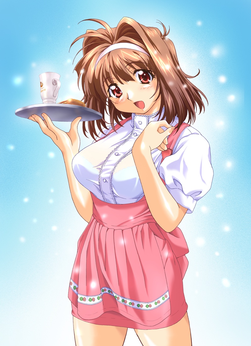 taki minashika, kawai rie, anna miller, lovers (game), 1girl, breasts, brown hair, female focus, hairband, high-waist skirt, large breasts, red eyes, see-through clothes, short hair, skirt, solo, tray, waitress