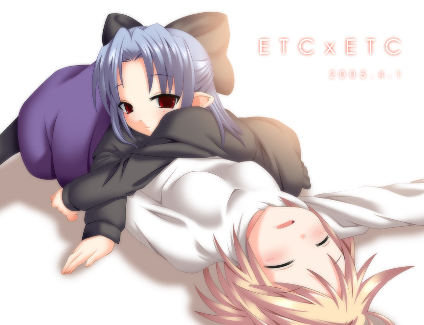 arcueid brunestud, len (tsukihime), tsukihime, 00s, 2girls, blonde hair, long skirt, multiple girls, pantyhose, pointy ears, purple skirt, skirt, sleeping, sweater