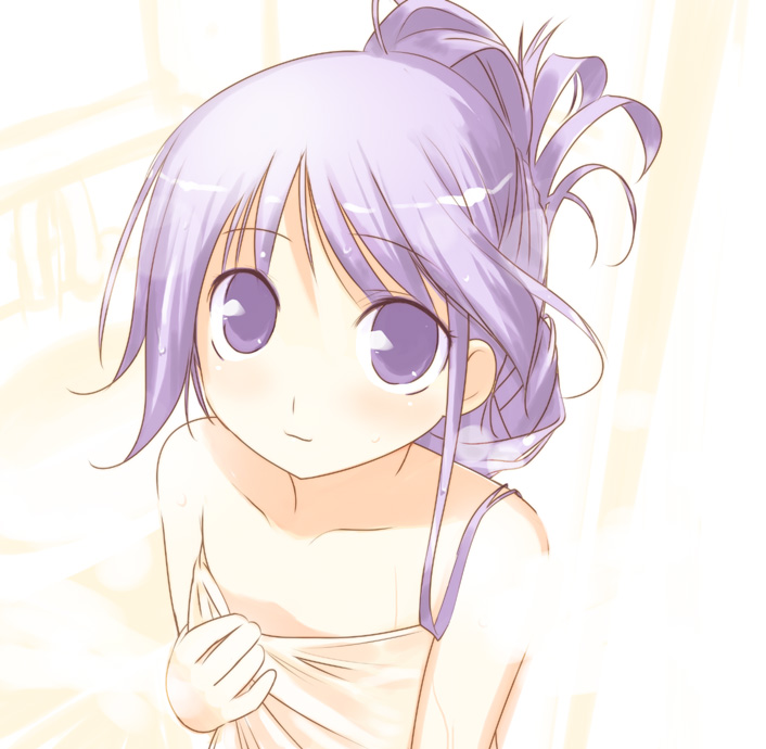 kashiwamochi yomogi, watarase jun, happiness!, 00s, 1boy, androgynous, male focus, purple eyes, purple hair, simple background, solo, towel, trap, white background