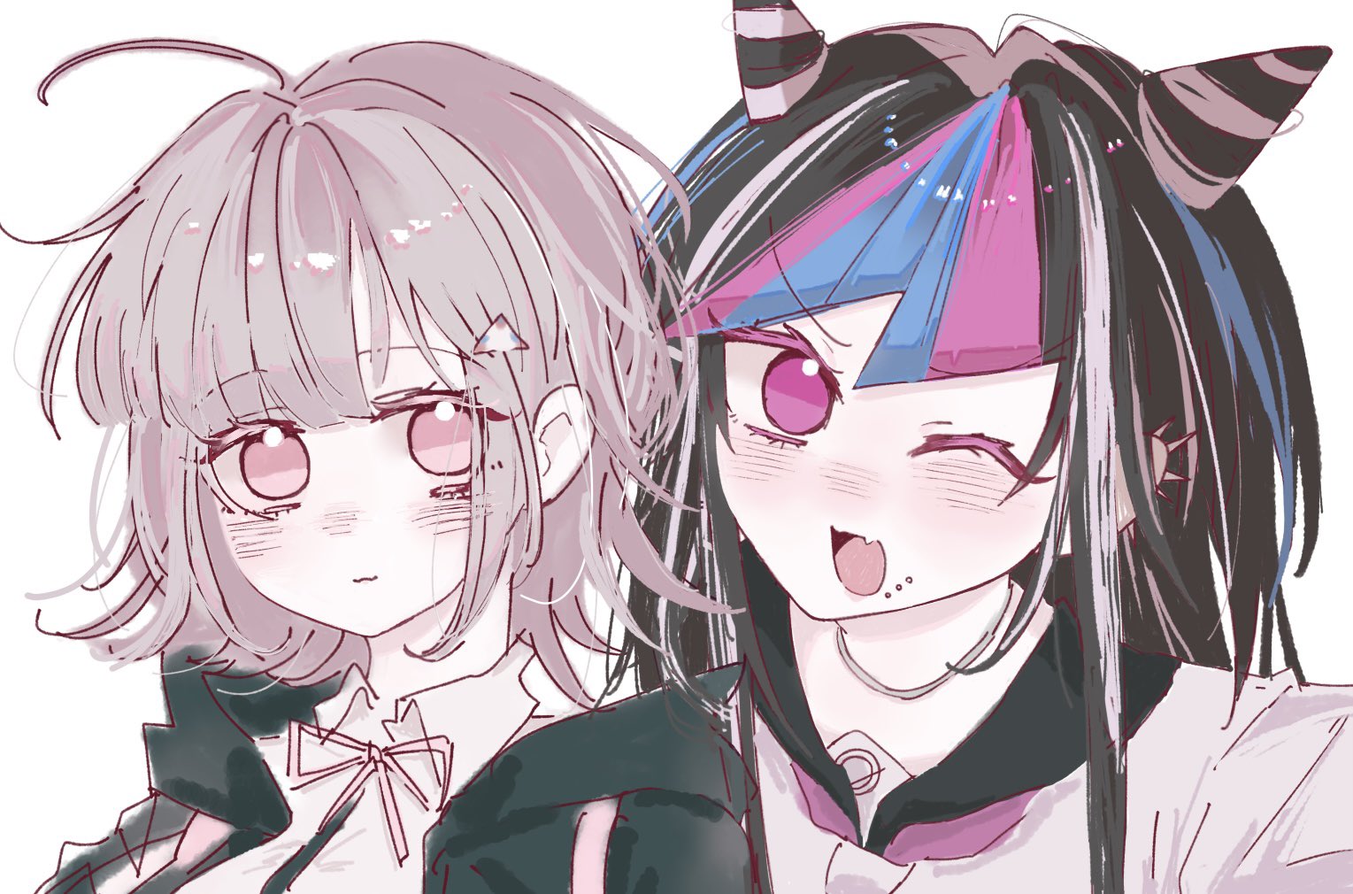 kudari93, mioda ibuki, nanami chiaki, danganronpa (series), danganronpa 2: goodbye despair, 2girls, :3, ahoge, black hair, black hoodie, blue streaks, blush, bow, dress shirt, face piercing, fang, hair horns, hair ornament, hood, hoodie, looking at viewer, messy hair, multicolored hair, multiple girls, no pupils, one eye closed, open mouth, piercing, pink bow, pink eyes, pink hair, pink streaks, sailor collar, school uniform, shirt, short hair, sidelocks, simple background, smile, streaked hair, triangle hair ornament, white background, white shirt, white streaks