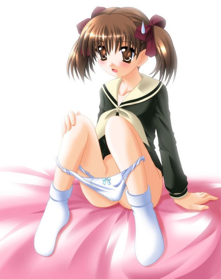 fukuzawa yumi, maria-sama ga miteru, 00s, arm support, blush, bow, bow panties, brown hair, panties, panty pull, school uniform, serafuku, sitting, socks, solo, twintails, underwear, white panties