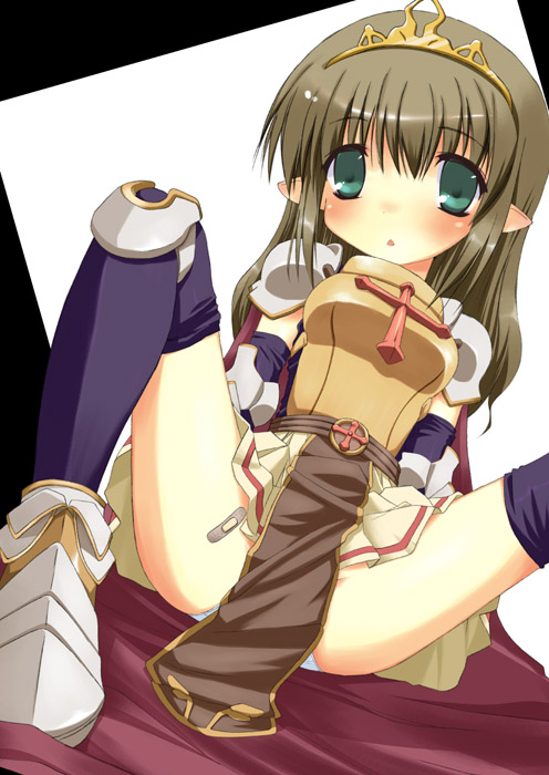 wagiwogi, wazawogi (wzog), knight (ragnarok online), lord knight (ragnarok online), ragnarok online, 1girl, armor, armored dress, dress, knight, pauldrons, pelvic curtain, pointy ears, shoulder armor, spread legs, tabard, thighhighs, upskirt
