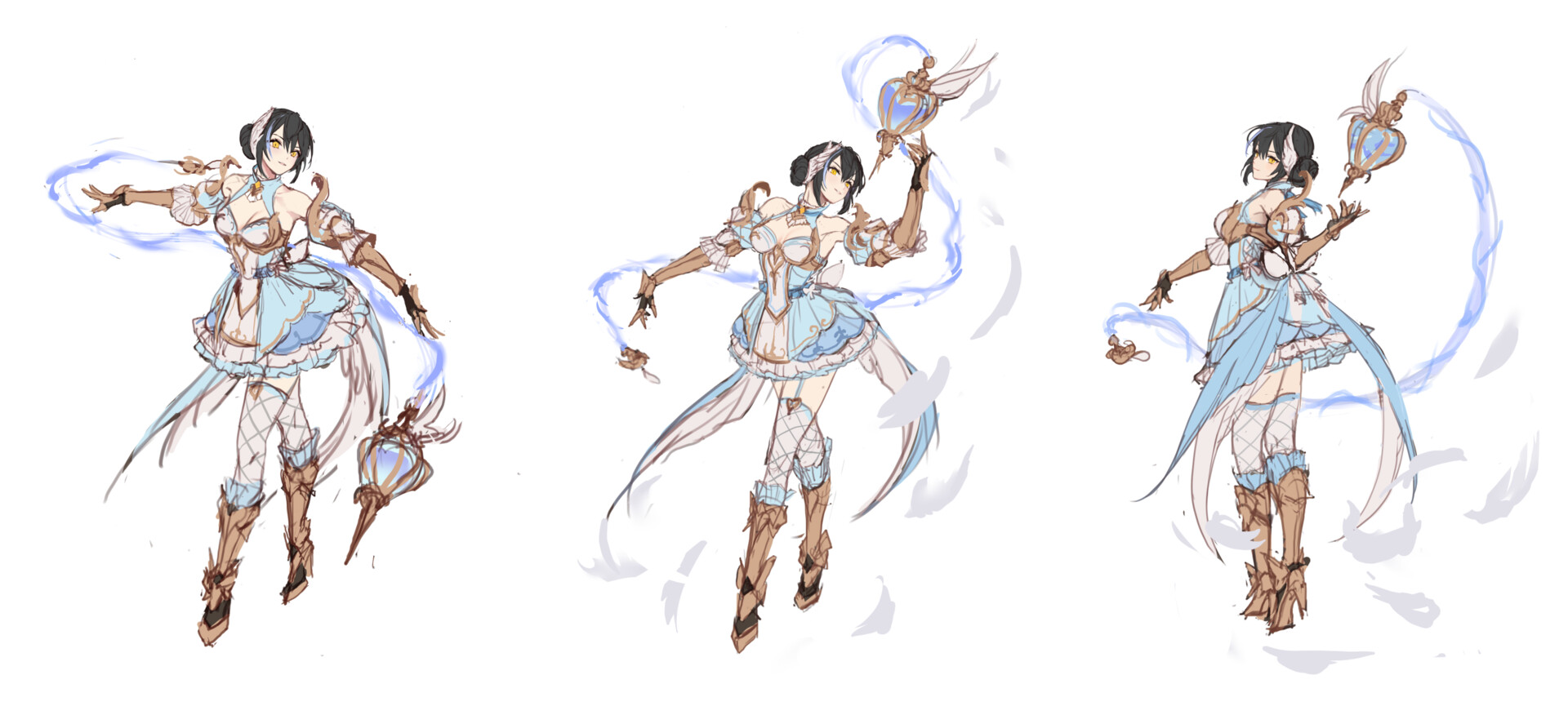 xerah (king's raid), king's raid, commentary request, concept art, highres, official art, 1girl, armor, armored boots, black hair, blue dress, boots, breasts, cleavage, detached sleeves, dress, feathers, floating, floating object, floating weapon, from behind, full body, gauntlets, gold trim, hair bun, high heel boots, high heels, ji yu lee, layered dress, looking back, medium breasts, multiple views, official alternate costume, puffy detached sleeves, puffy short sleeves, puffy sleeves, short sleeves, shoulder armor, single hair bun, smile, solo, white dress, white feathers, yellow eyes