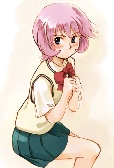 yukihashi, amemiya yuriko, nanaka 6/17, 00s, 1girl, blue eyes, blush, female focus, pink hair, pleated skirt, school uniform, serafuku, short hair, skirt, solo