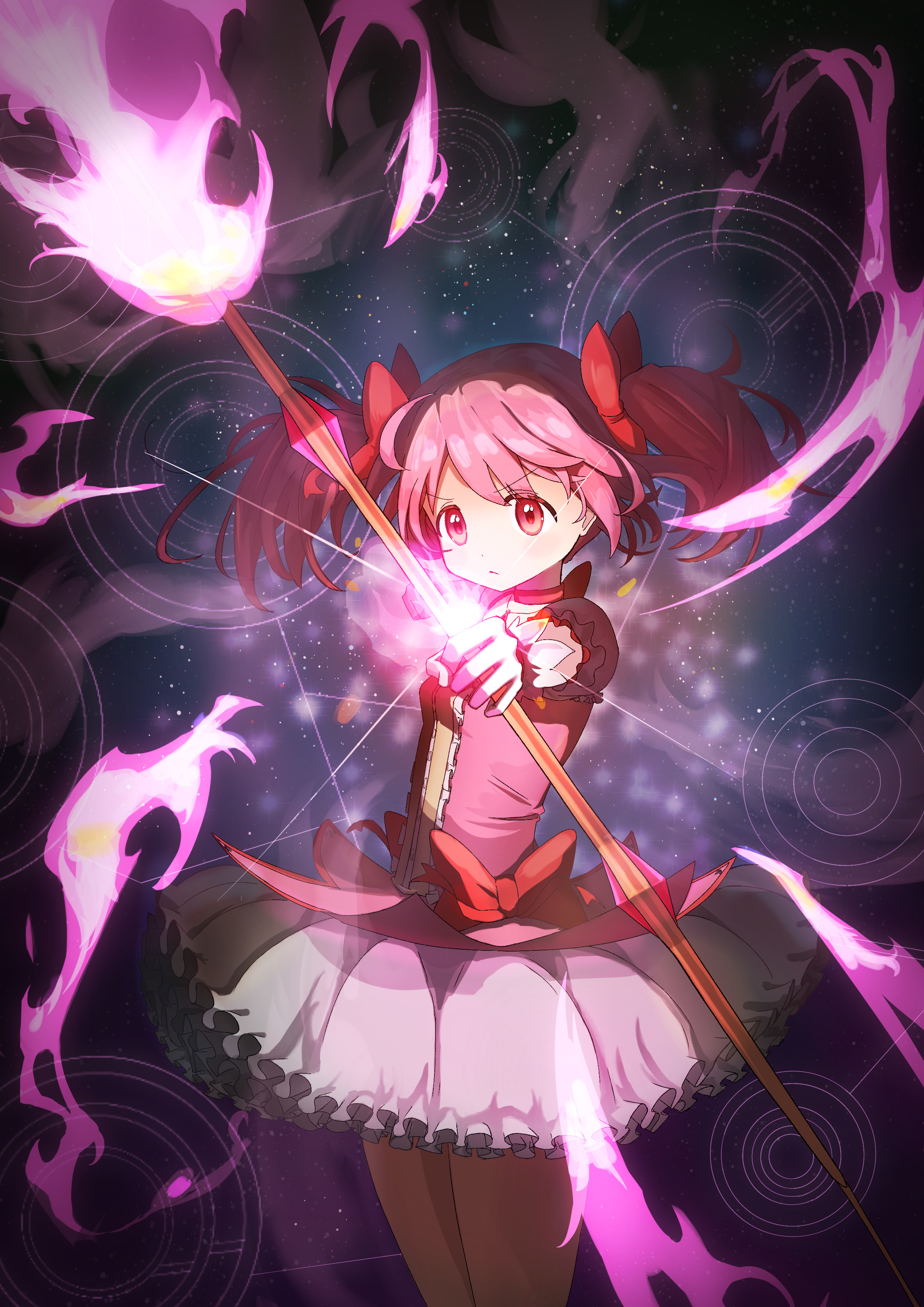 kaname madoka, kaname madoka (magical girl), mahou shoujo madoka magica, mahou shoujo madoka magica (anime), absurdres, commentary, highres, 1girl, aiming, bow, bow (weapon), breasts, bubble skirt, cowboy shot, gloves, hair bow, holding, holding bow (weapon), holding weapon, magical girl, pink eyes, pink hair, puffy short sleeves, puffy sleeves, red bow, serious, short sleeves, short twintails, skirt, solo, twintails, user pnum2583, weapon, white gloves