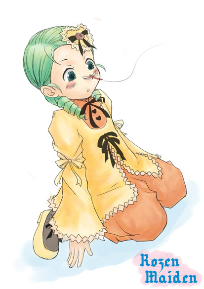 shirayuki shoushirou, kanaria, rozen maiden, 00s, 1girl, :o, arm garter, blush, bow, bowtie, bug, copyright name, dragonfly, drill hair, female focus, green hair, grey eyes, hair ornament, insect, sitting, solo, twin drills, wariza