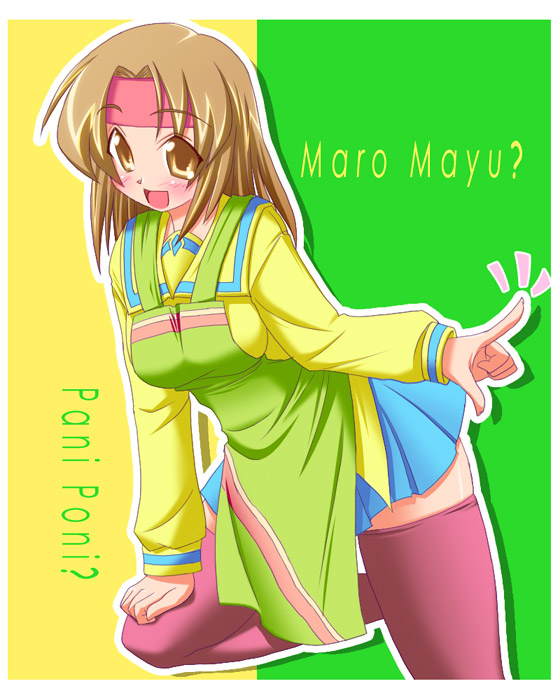 hirorin, nekono matatabi, momose kurumi, pani poni dash!, 00s, 1girl, apron, bandages, brown eyes, brown hair, female focus, headband, open mouth, outline, purple thighhighs, school uniform, simple background, solo, thighhighs, v, yellow eyes