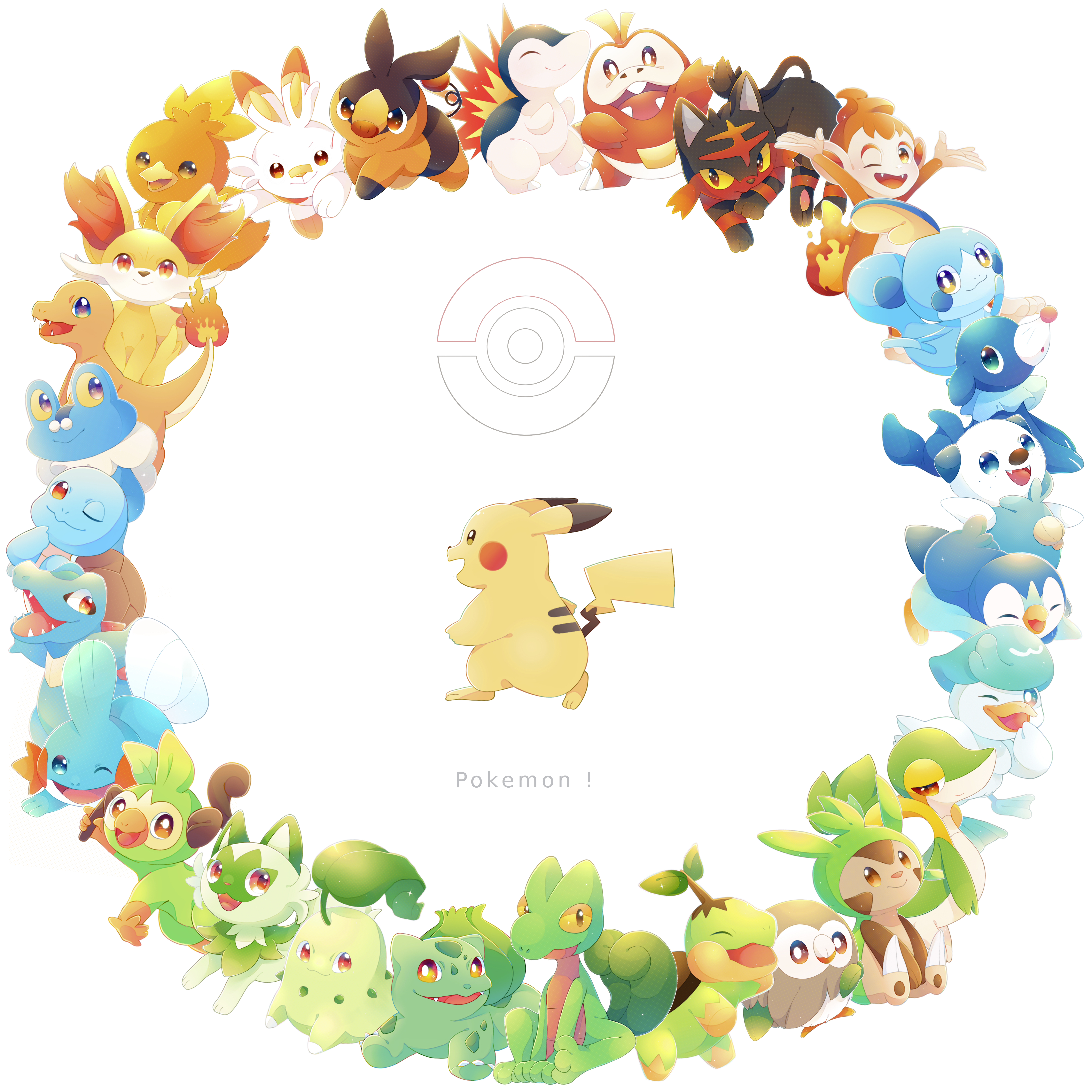 26tumugi, bulbasaur, charmander, chespin, chikorita, chimchar, cyndaquil, fennekin, froakie, fuecoco, grookey, litten, mudkip, oshawott, pikachu, piplup, popplio, quaxly, rowlet, scorbunny, snivy, sobble, sprigatito, squirtle, tepig, torchic, totodile, treecko, turtwig, nintendo, pokemon, absurdres, highres, copyright name, fiery tail, fire, flame-tipped tail, gen 1 pokemon, gen 2 pokemon, gen 3 pokemon, gen 4 pokemon, gen 5 pokemon, gen 6 pokemon, gen 7 pokemon, gen 8 pokemon, happy, no humans, one eye closed, open mouth, pokemon (creature), sharp teeth, simple background, sitting, smile, starter pokemon trio, tail, teeth, walking, white background