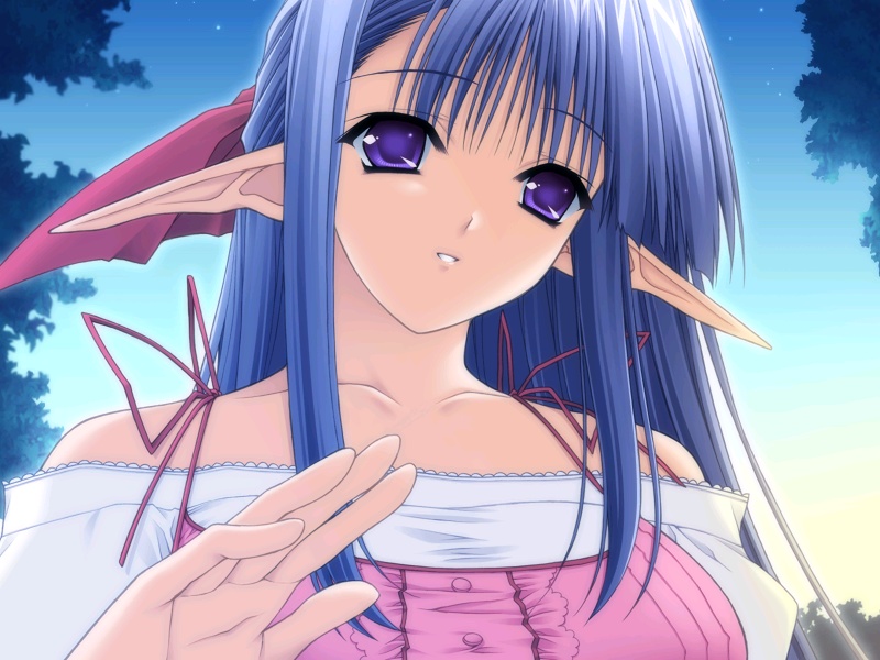 suzuhira hiro, lycoris, shuffle!, tick! tack!, game cg, 00s, 1girl, bare shoulders, blue hair, collarbone, day, female focus, half updo, parted lips, pointy ears, purple eyes, sky, solo, upper body
