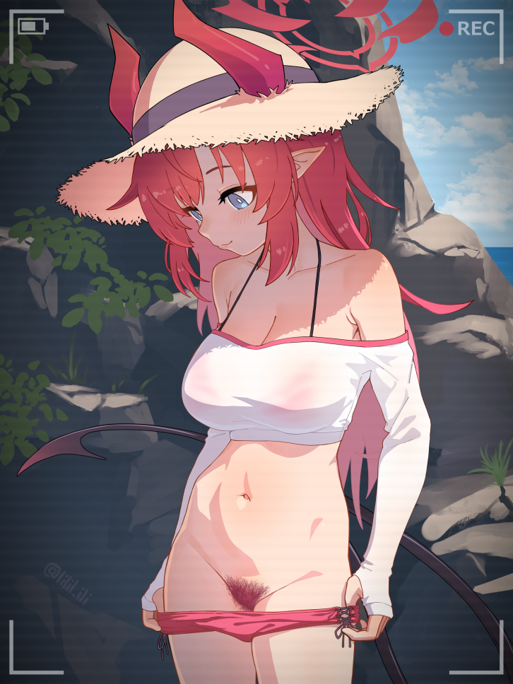 special cat, megu (blue archive), megu (swimsuit) (blue archive), blue archive, commentary request, paid reward available, variant set, 1girl, bikini, blue eyes, breasts, closed mouth, demon tail, female pubic hair, halo, hat, horns, long hair, navel, official alternate costume, outdoors, pointy ears, pubic hair, red hair, shirt, solo, swimsuit, tail, white shirt