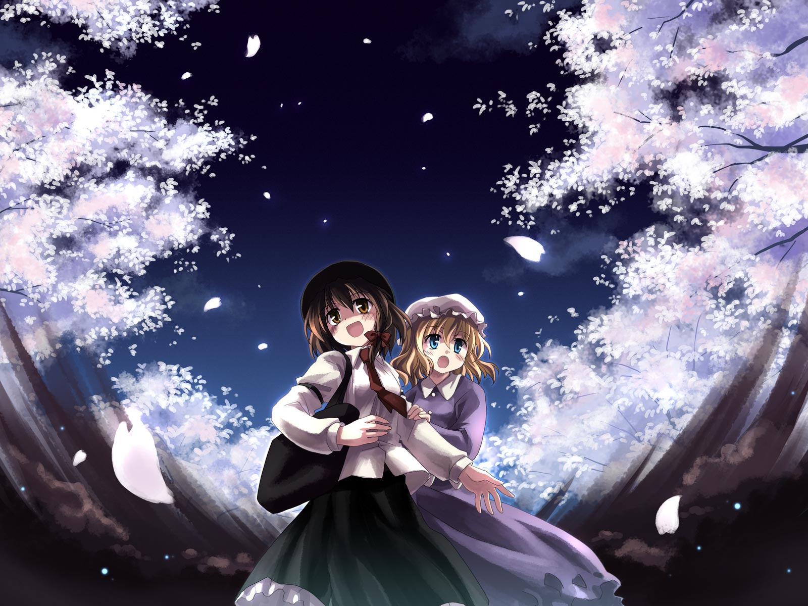 yuuki tatsuya, maribel hearn, usami renko, ghostly field club, touhou, arm grab, highres, 2girls, :d, :o, aqua eyes, arm strap, bag, blonde hair, blue eyes, bow, brown eyes, brown hair, cherry blossoms, dress, dress shirt, female focus, frilled skirt, frills, glowing, hair bow, hat, multiple girls, necktie, night, open mouth, outdoors, petals, purple dress, shirt, shoulder bag, skirt, sky, smile