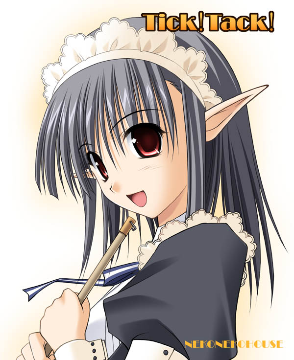 takepon, sage (tick! tack!), shuffle!, tick! tack!, 00s, black hair, maid, open mouth, pointy ears, red eyes, short hair, solo