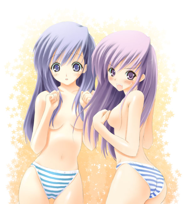 saeki touma, himeyuri ruri, himeyuri sango, to heart (series), to heart 2, 00s, 2girls, alternate hairstyle, angry, ass, blue eyes, blue hair, blue panties, blush, breasts, covering breasts, covering privates, hair down, long hair, multiple girls, panties, purple eyes, purple hair, siblings, sisters, standing, striped clothes, striped panties, sweatdrop, thigh gap, thighs, topless female, twins, underwear, underwear only