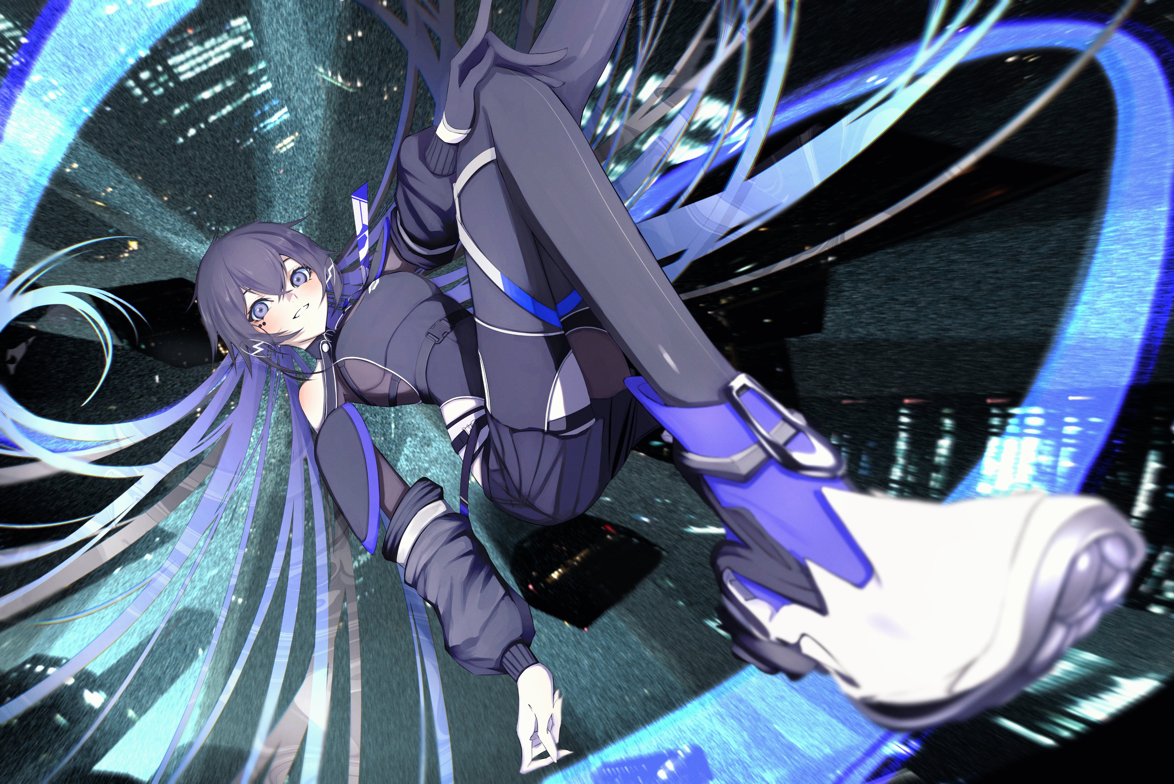 aqui2002, koko (kamitsubaki studio), kamitsubaki studio, absurdres, highres, 1girl, asymmetrical gloves, bare shoulders, black gloves, black hair, black leotard, black pantyhose, black shorts, black sleeves, blue hair, building, earrings, gloves, jewelry, leotard, long hair, looking at viewer, midair, mismatched gloves, multicolored hair, pantyhose, parted lips, purple eyes, shorts, skyscraper, solo, very long hair, virtual youtuber, white gloves