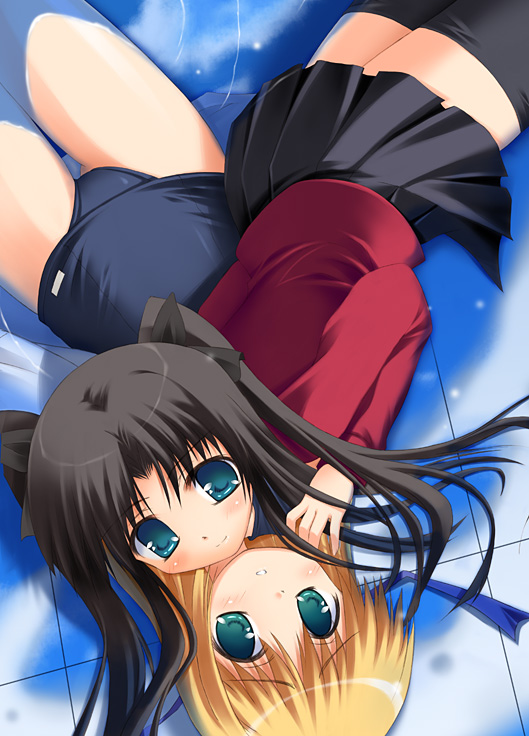 kouzuki hajime, artoria pendragon (fate), saber (fate), tohsaka rin, fate/stay night, fate (series), black legwear, 00s, 2girls, black hair, blonde hair, long hair, multiple girls, one-piece swimsuit, school swimsuit, skirt, swimsuit, thighhighs, turtleneck, twintails, zettai ryouiki