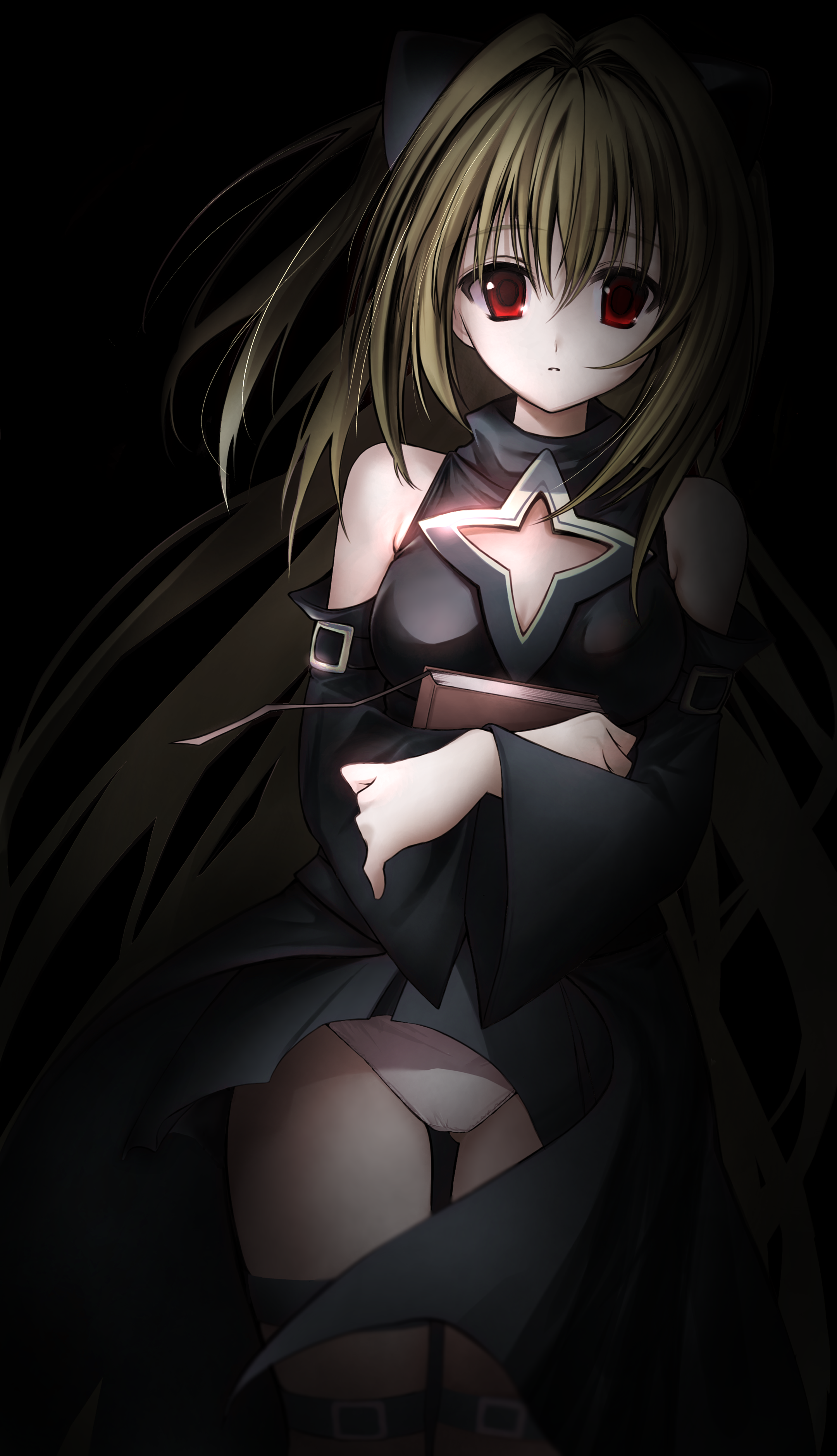 eee mii, konjiki no yami, to love-ru, absurdres, commentary, highres, 1girl, bare shoulders, black dress, black sleeves, blonde hair, book, cleavage cutout, closed mouth, clothing cutout, darkness, detached sleeves, dress, gluteal fold, hair between eyes, hair intakes, hair ornament, holding, holding book, long hair, long sleeves, looking at viewer, panties, pantyshot, red eyes, sleeveless, sleeveless dress, solo, standing, star cutout, thigh strap, two side up, underwear, very long hair, white panties, wide sleeves