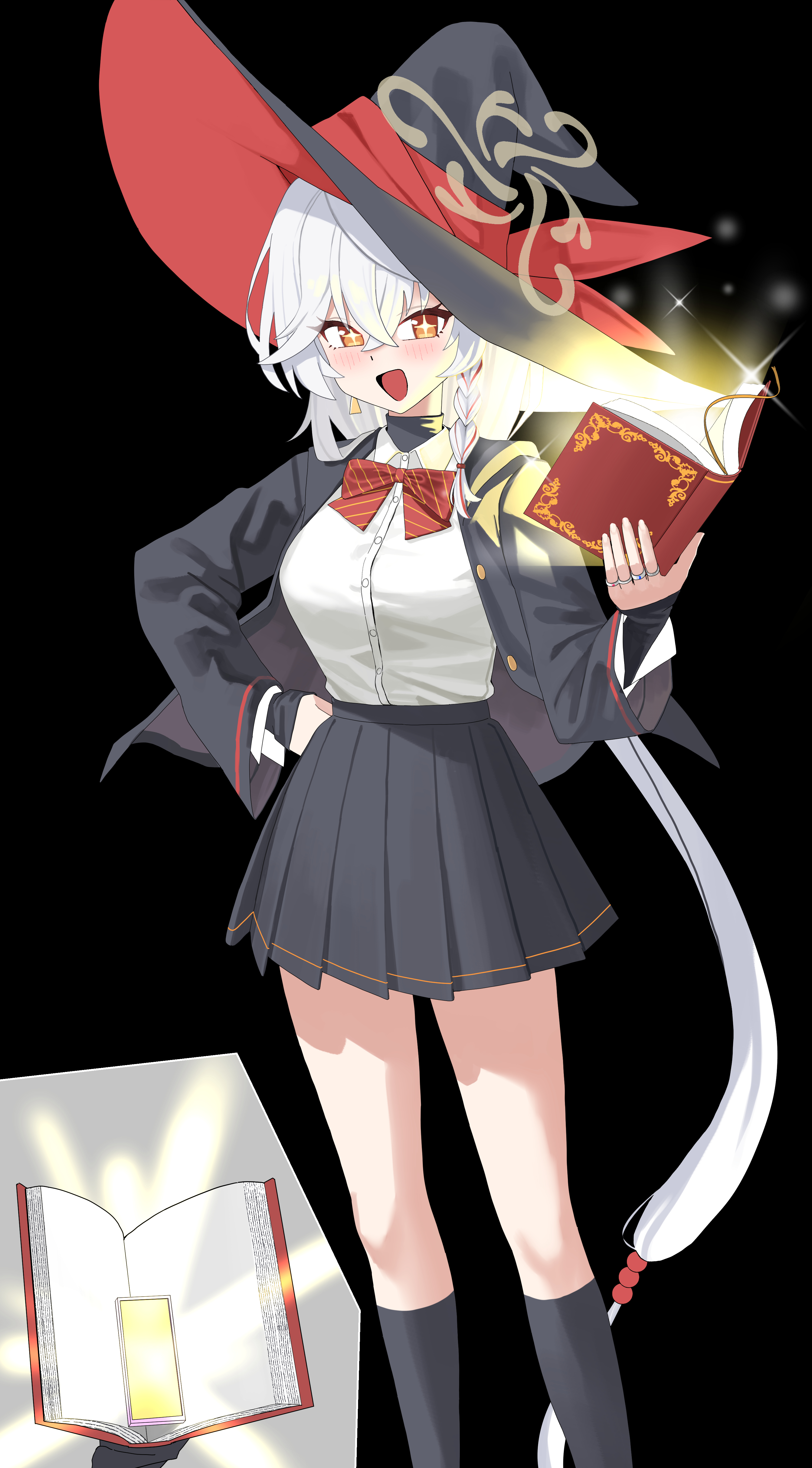 eri (blue archive), blue archive, ankle socks, book, bow, bowtie, braid, earrings, flashlight, halo, hat, holding, holding book, jacket, jewelry, long coat, long hair, orange eyes, panties, shirt, skirt, sleeves past wrists, socks, sparkling eyes, sweater, underwear, white hair, wing, witch hat