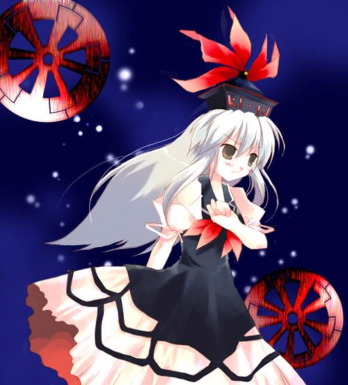 kamishirasawa keine, touhou, >:/, 1girl, :/, arm behind back, ascot, blue background, blue dress, bow, dress, female focus, hand on own chest, hat, hat bow, long hair, shirt, solo, v-shaped eyebrows, very long hair, wheel, white hair, yellow eyes