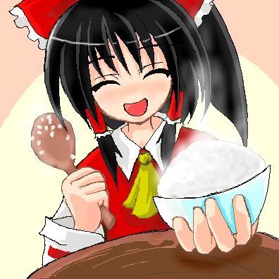 kurinton, hakurei reimu, touhou, lowres, 1girl, ascot, black hair, blush, bow, bowl, closed eyes, female focus, food, hair bow, hair tubes, holding, holding spoon, incoming food, no nose, oekaki, outstretched arm, pov, rice, rice bowl, shamoji, smile, solo, spoon