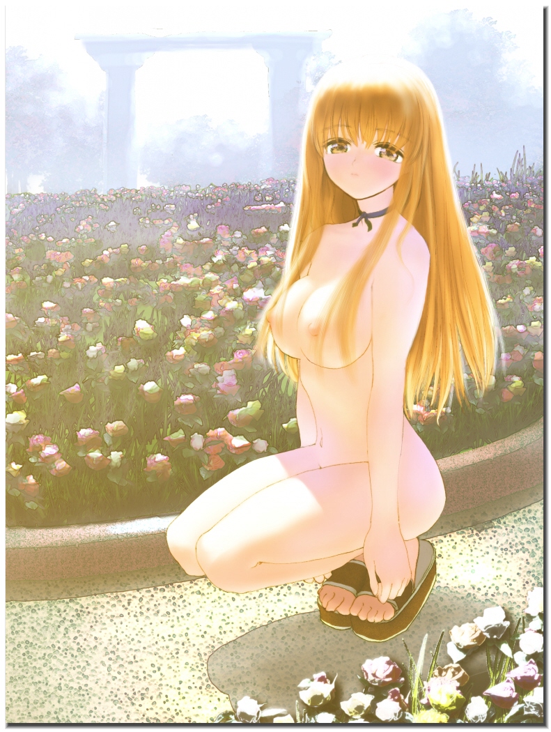 ebina souichi, kasumi (doa), dead or alive, tecmo, 1girl, blonde hair, breasts, choker, female focus, field, flower, flower field, large breasts, long hair, nipples, nude, sandals, solo, yellow eyes