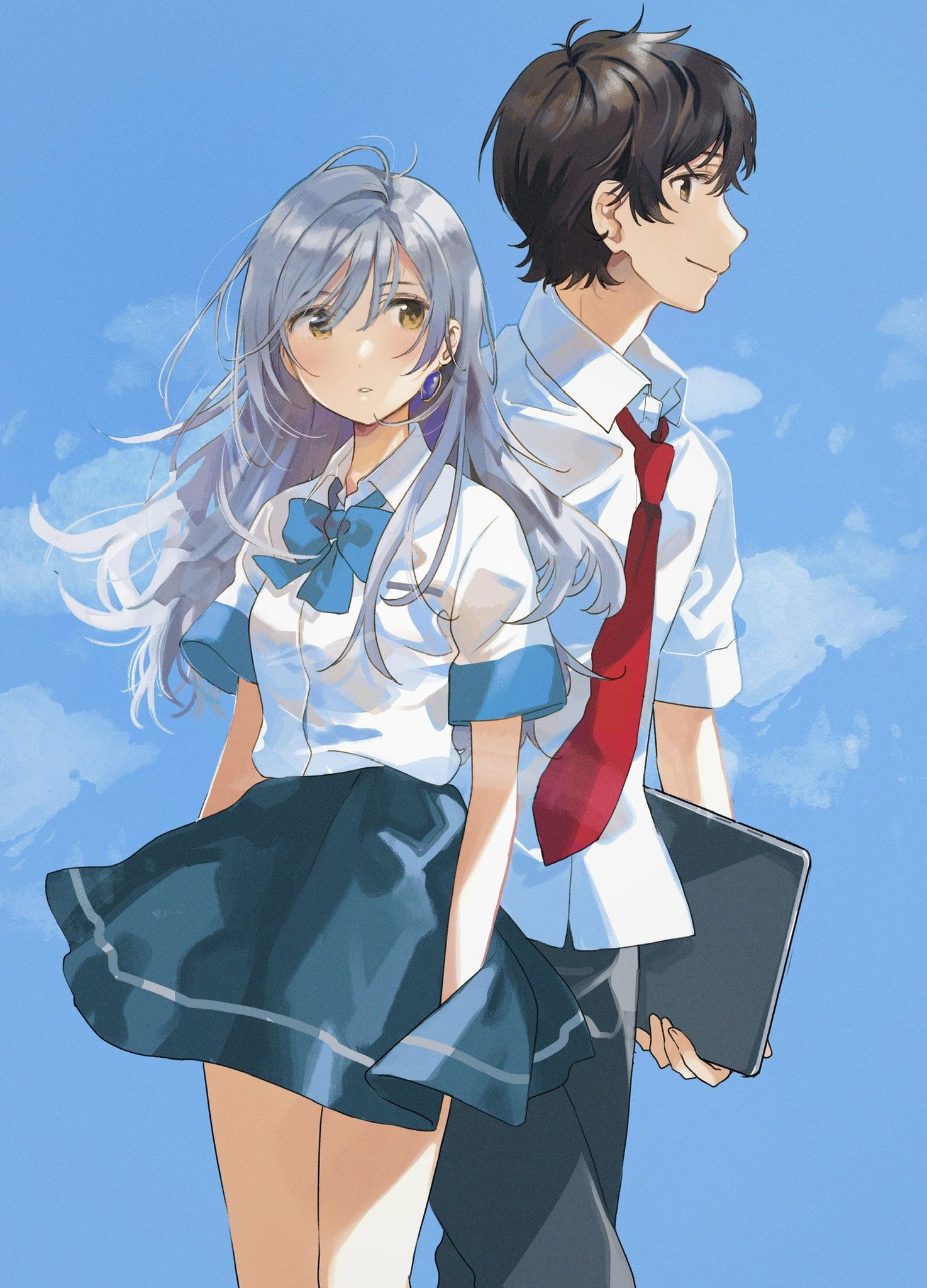 fly (marguerite), aoi yui, tsukishiro hitomi, irozuku sekai no ashita kara, commentary, highres, 1boy, 1girl, black hair, blue background, blue bow, blue bowtie, blue skirt, bow, bowtie, collared shirt, earrings, grey hair, grey pants, jewelry, long hair, necktie, pants, red necktie, school uniform, shirt, short hair, short sleeves, skirt, white shirt, yellow eyes