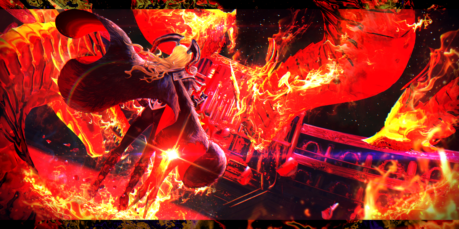 hoshitsubame, nero claudius (fate), queen draco (fate), queen draco (third ascension) (fate), fate/grand order, fate (series), 1girl, aestus estus (queen draco), armor, black armor, black horns, blonde hair, cape, dragon, facing away, fire, from behind, glowing, glowing sword, glowing weapon, horns, long hair, long horns, solo, sword, weapon