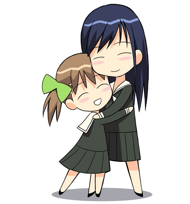 fukuzawa yumi, ogasawara sachiko, maria-sama ga miteru, 00s, 2girls, blue hair, blush, brown hair, chibi, chibi only, closed eyes, hug, long sleeves, multiple girls, pleated skirt, school uniform, serafuku, simple background, skirt, white background