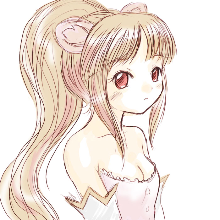 yuuichi (tareme paradise), leonne, fushigiboshi no futago hime, 00s, 1girl, animal ears, bare shoulders, blush, breasts, brown hair, cleavage, detached sleeves, female focus, flat chest, long hair, pink eyes, ponytail, sketch, small breasts, solo