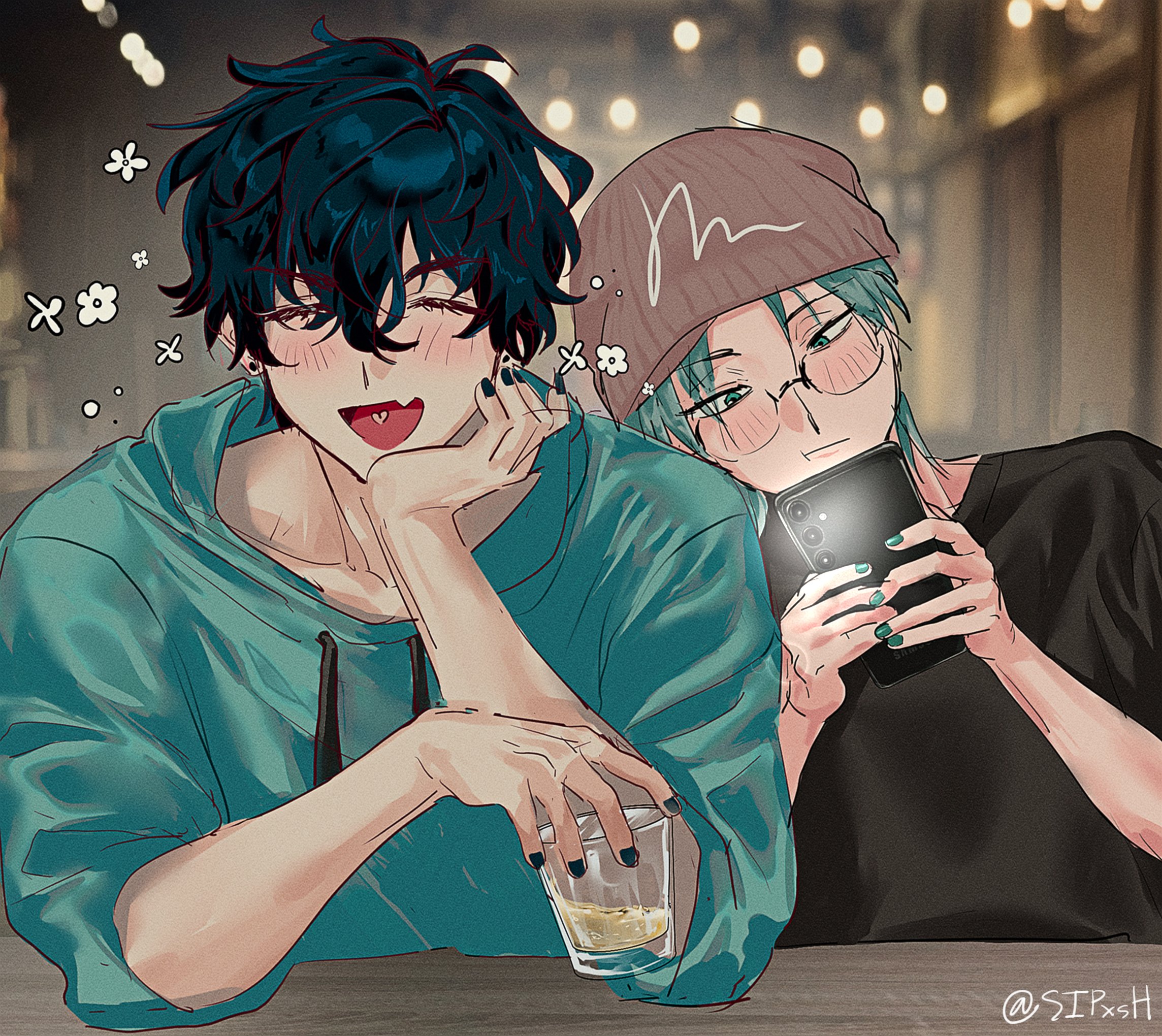 ivan (alien stage), till (alien stage), alien stage, commentary, hashtag-only commentary, highres, 2boys, alcohol, beanie, black hair, black shirt, blue hoodie, brown hat, cellphone, cup, fang, glasses, green eyes, green nails, grey hair, hat, head on another's shoulder, heart, heart in mouth, holding, holding cup, holding phone, hood, hoodie, male focus, multiple boys, open mouth, phone, shirt, short hair, skin fang, smartphone, twitter username, very short hair, wranwa