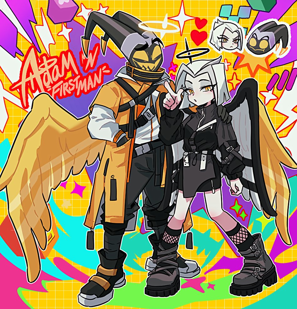 michelin (p0lo09), adam (hazbin hotel), lute (hazbin hotel), hazbin hotel, hellaverse, commentary request, korean commentary, 1boy, 1girl, :o, alternate costume, ankle boots, arm at side, baggy pants, black halo, black jacket, black pants, black shoes, black skirt, black socks, black wings, bob cut, boots, character name, chibi, chibi inset, coat, colored sclera, colored teeth, eyeshadow, feathered wings, fishnet socks, fishnets, full body, grey boots, grey eyeshadow, grid background, halo, hand in pocket, index finger raised, jacket, kneehighs, layered sleeves, legs apart, long sleeves, looking at another, looking at viewer, makeup, mask, open clothes, open coat, outline, oversized wings, pants, platform boots, puffy long sleeves, puffy sleeves, sharp teeth, shirt, shoes, short hair, short over long sleeves, short sleeves, simple background, skirt, slit pupils, socks, sparkle, standing, teeth, track jacket, turtleneck, turtleneck jacket, two-tone wings, white hair, white halo, white outline, white shirt, white wings, wings, yellow background, yellow coat, yellow eyes, yellow sclera, yellow teeth, yellow wings
