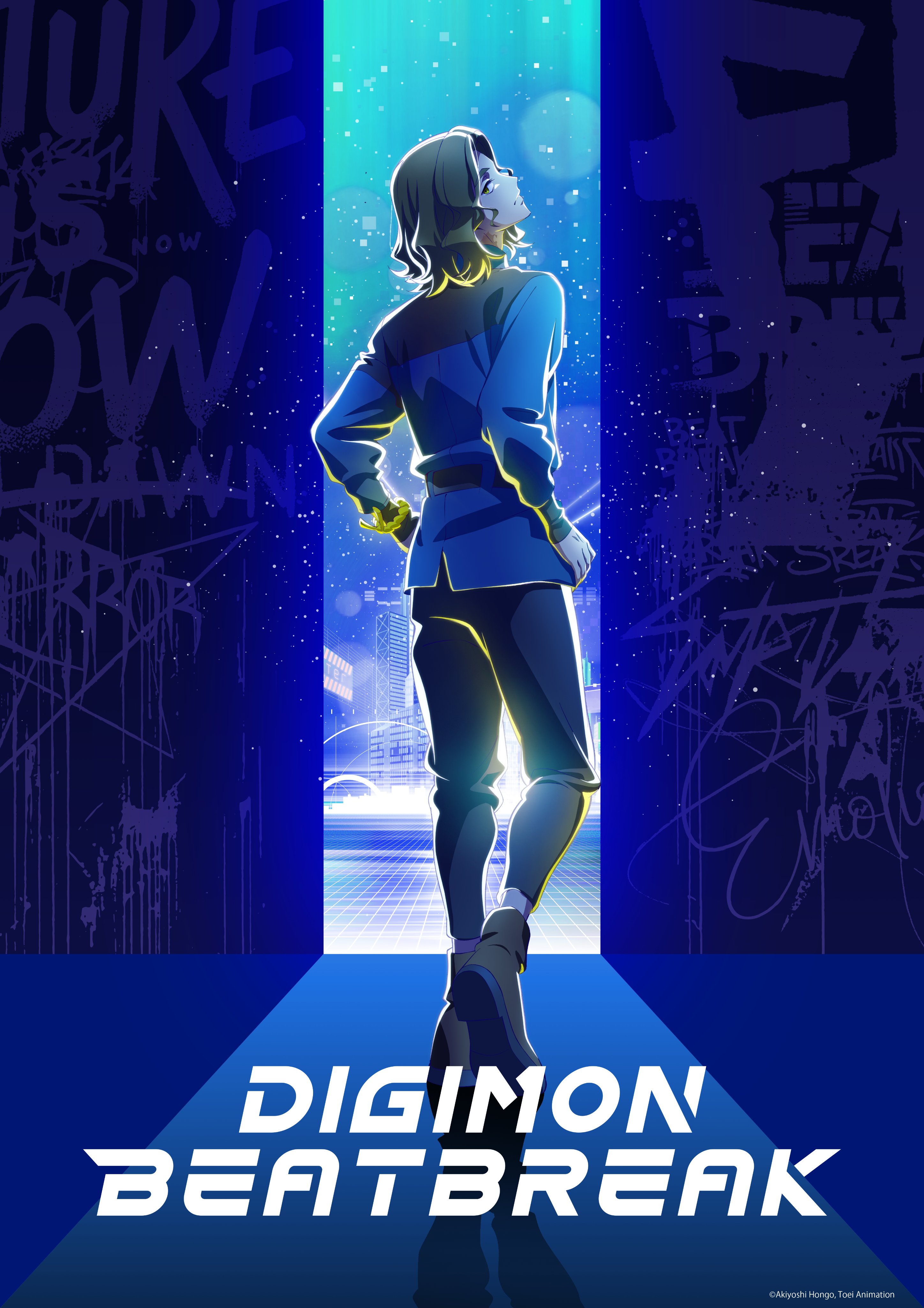 sawashiro kyo, digimon, digimon beatbreak, absurdres, highres, official art, 1boy, blue jacket, copyright name, from behind, full body, jacket, looking at viewer, looking back, male focus, mixed-language text, pants, solo, standing