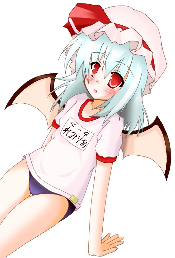 tokuya aoki, remilia scarlet, touhou, 1girl, alternate costume, bat wings, buruma, female focus, gym uniform, hat, mob cap, solo, wings