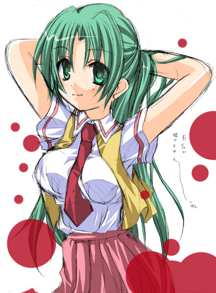 sora (firstaid), sonozaki mion, higurashi no naku koro ni, 00s, 1girl, arms behind head, arms up, breasts, female focus, green eyes, green hair, large breasts, long hair, looking at viewer, matching hair/eyes, necktie, pleated skirt, ponytail, red necktie, school uniform, short sleeves, sketch, skirt, smile, solo, very long hair