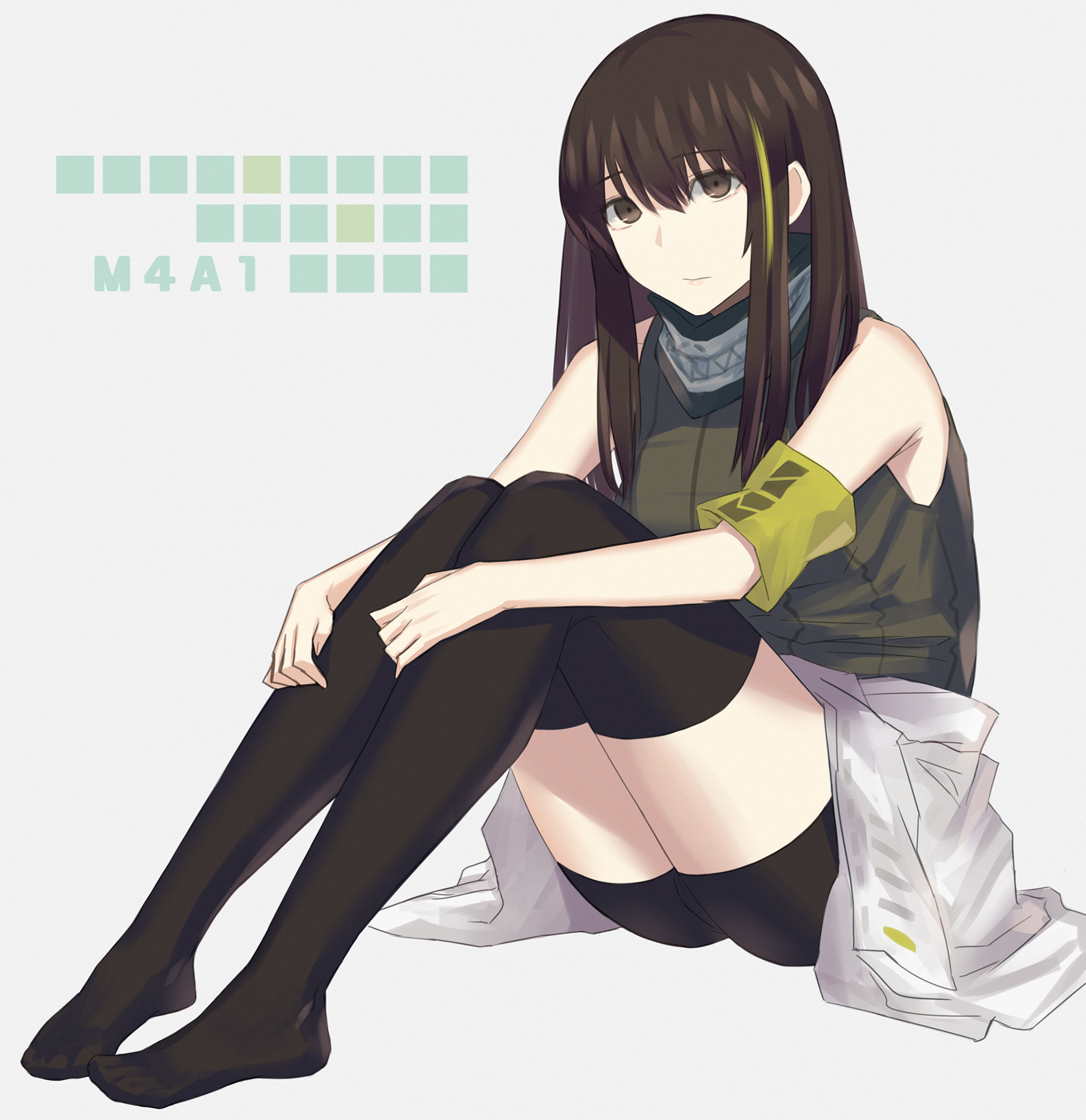 asakiri koko, m4a1 (girls' frontline), girls' frontline, commentary request, highres, 1girl, armband, bandana, bandana around neck, black bandana, black shorts, black thighhighs, breasts, brown eyes, brown hair, character name, clothes around waist, full body, green armband, green hair, green sweater, grey background, hair between eyes, jacket, jacket around waist, long hair, long sidelocks, looking at viewer, medium breasts, multicolored hair, short shorts, shorts, sidelocks, simple background, sitting, skull print, sleeveless, sleeveless sweater, smile, solo, streaked hair, sweater, thighhighs, white jacket