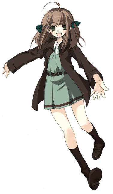 piyodera mucha, original, 1girl, :d, brown hair, coat, female focus, open mouth, simple background, smile, solo, white background