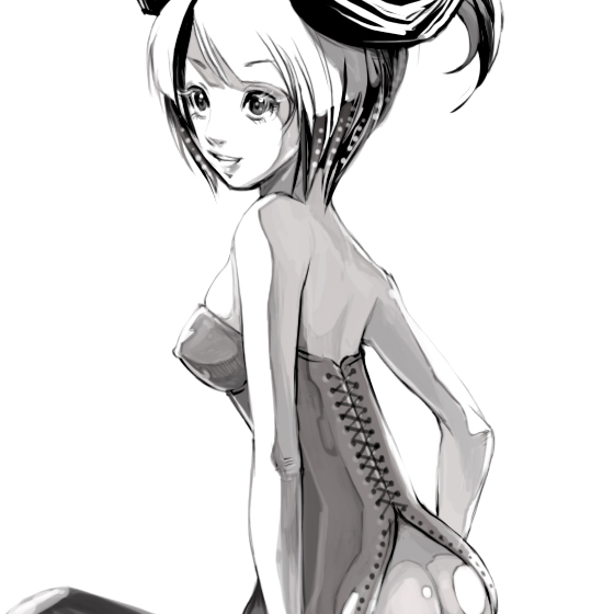 falcoon, original, 1girl, dress, female focus, greyscale, monochrome, simple background, solo