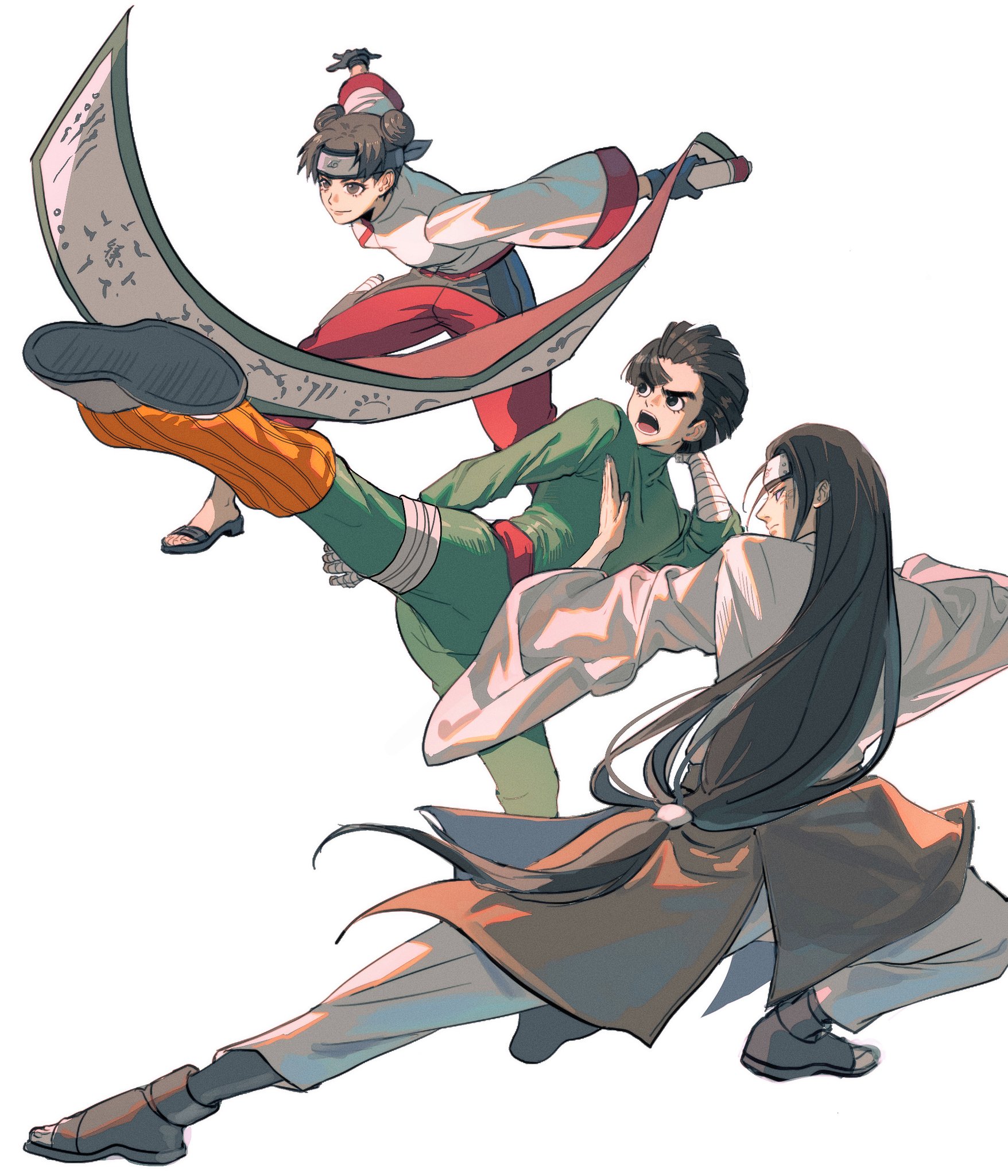 momoyoru1, hyuuga neji, rock lee, tenten (naruto), naruto (series), naruto shippuuden, commentary, english commentary, highres, 1girl, 2boys, black eyes, black gloves, black hair, brown eyes, brown hair, byakugan, chinese clothes, closed mouth, double bun, full body, gloves, green jumpsuit, hair bun, holding, holding scroll, jumpsuit, konohagakure symbol, leg warmers, long hair, long sleeves, multiple boys, ninja, open mouth, orange leg warmers, pants, scroll, shirt, shoe soles, simple background, thick eyebrows, white background, white eyes, white pants, white shirt