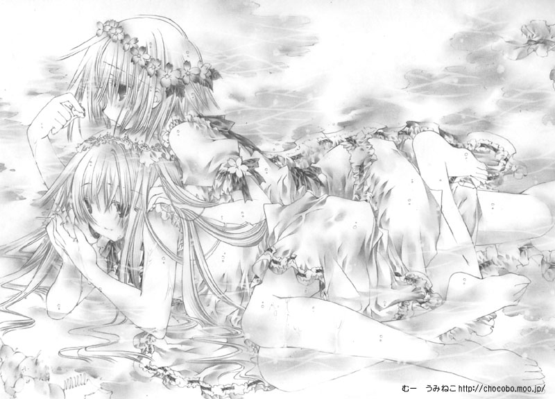moo (umineko), original, looking away, 2girls, barefoot, blush, dress, flower, greyscale, head wreath, holding, legs, long hair, lying, monochrome, multiple girls, partially submerged, short hair, smile, very long hair, water, wet, wet clothes