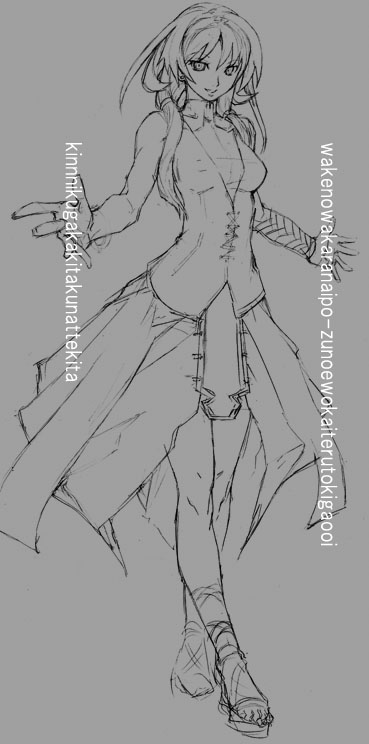 tetsu (kimuchi), original, cross-laced footwear, 1girl, :d, arm guards, bare legs, breasts, cleavage, collar, corset, female focus, greyscale, hair ribbon, monochrome, no socks, open mouth, parted lips, ribbon, sandals, short hair with long locks, skirt, smile, solo
