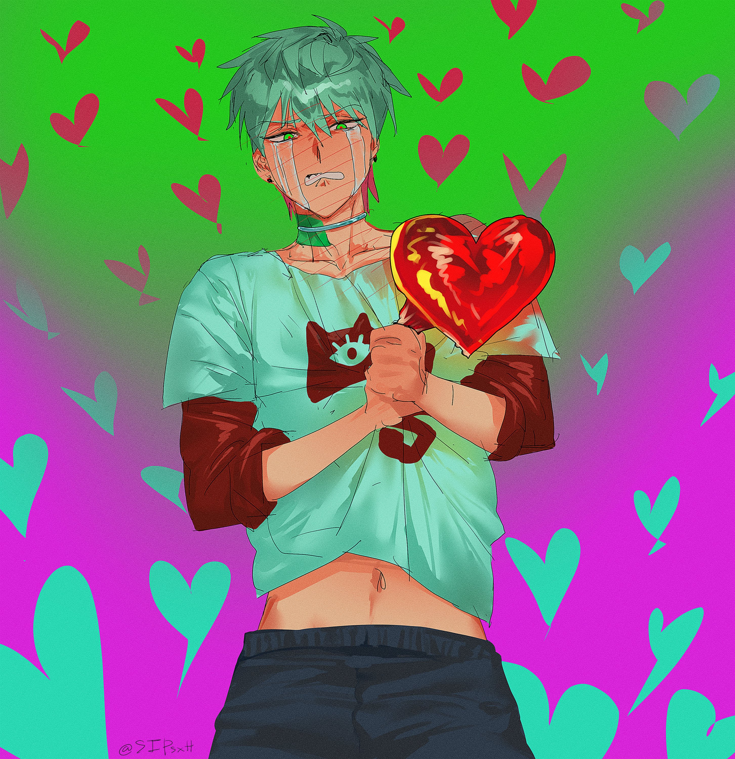 till (alien stage), alien stage, absurdres, commentary, hashtag-only commentary, highres, 1boy, black pants, choker, crying, crying with eyes open, earrings, gradient background, green background, green eyes, grey choker, grey hair, heart, jewelry, layered shirt, male focus, pants, pink background, print shirt, red shirt, shirt, short hair, solo, tears, very short hair, white shirt, wranwa