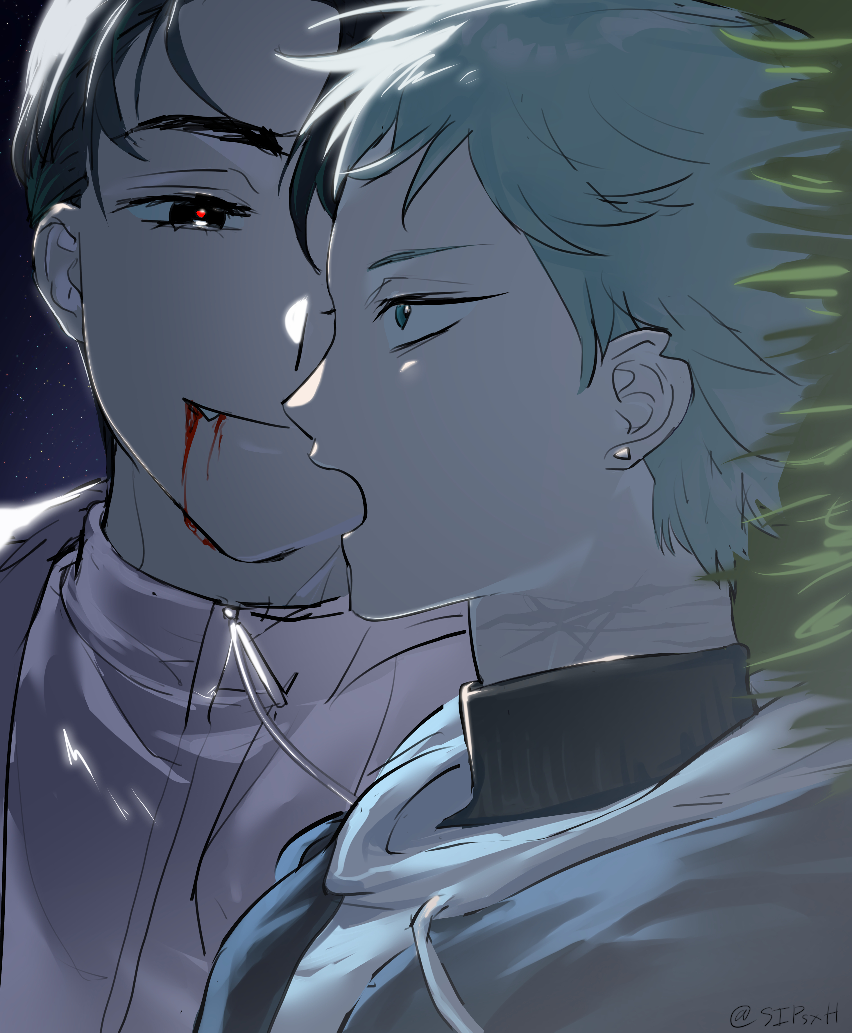 ivan (alien stage), till (alien stage), alien stage, absurdres, commentary request, derivative work, highres, 2boys, black eyes, black hair, black shirt, blood, blood from mouth, green eyes, grey hair, hood, hoodie, looking at another, lying, multiple boys, on back, on grass, on side, open mouth, red pupils, scar, scar on neck, shirt, short hair, thai commentary, turtleneck, turtleneck shirt, very short hair, white shirt, wranwa