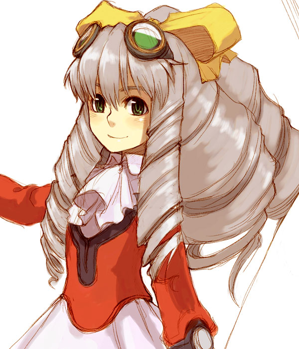 yu 65026, maria balthasar, xenogears, 1girl, ascot, blush, bow, drill hair, female focus, goggles, goggles on head, green eyes, grey hair, long hair, long sleeves, looking at viewer, simple background, skirt, smile, solo, upper body, white background, white skirt, yellow bow