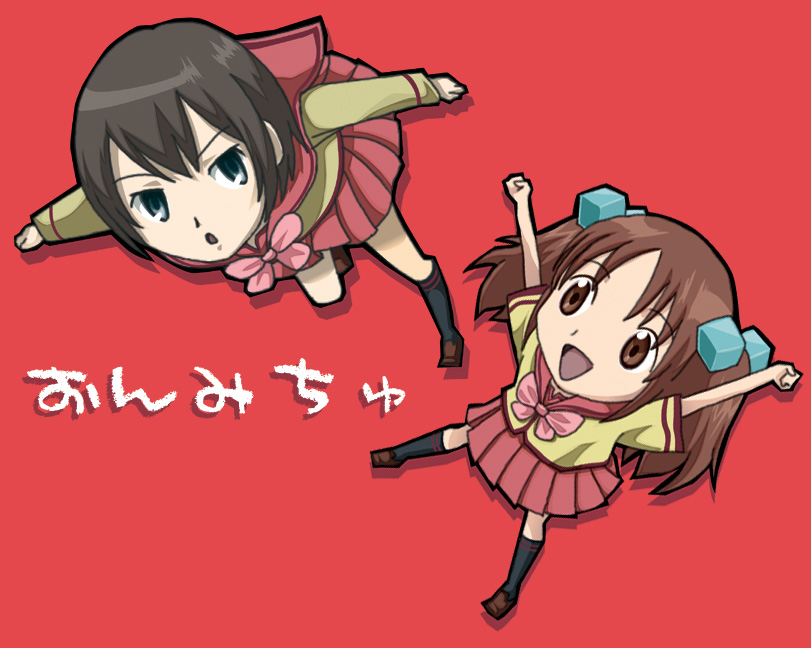 kutsugi kotoha, oume ayumu, gokujou seitokai, 00s, 2girls, arms up, bow, brown hair, chibi, chibi only, cube hair ornament, hair ornament, jumping, kneehighs, long hair, looking at another, looking at viewer, multiple girls, open mouth, pleated skirt, school uniform, serafuku, short hair, simple background, skirt, smile, socks, twintails