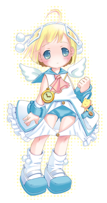 pop, original, 1girl, ahoge, blonde hair, blue eyes, female focus, gradient background, hair ornament, pocket watch, short hair, solo, stuffed animal, stuffed toy, watch, wings, wristband
