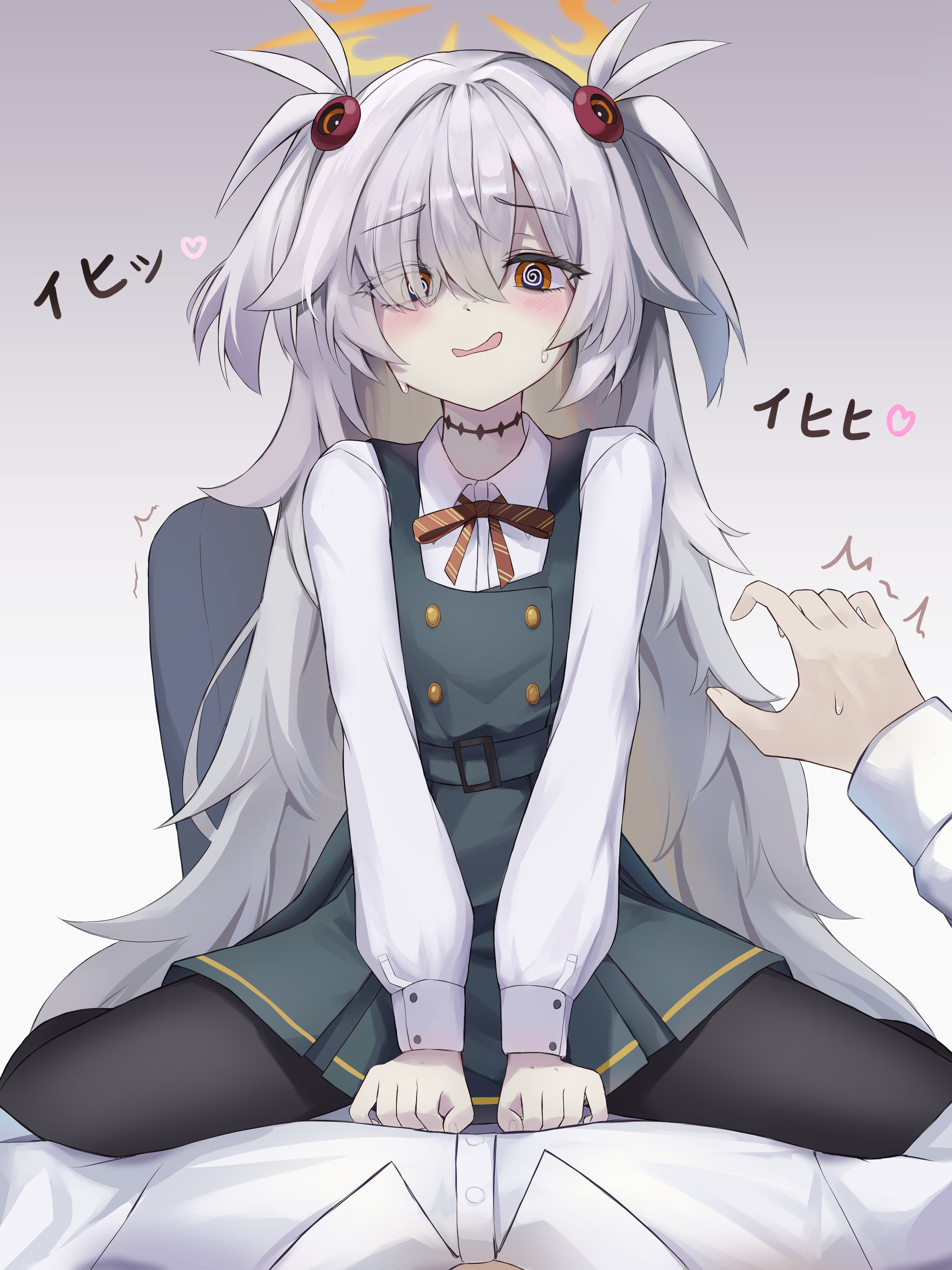 hamu (hvmzld123), kanoe (blue archive), blue archive, absurdres, commentary, highres, translation request, 1boy, 1girl, @ @, belt, belt buckle, black dress, black pants, black pantyhose, blush, buckle, buttons, collared shirt, crossed bangs, diagonal-striped ribbon, double-breasted, dress, flat chest, furrowed brow, girl on top, gradient background, gradient halo, grey background, grey hair, hair intakes, hair ornament, hair over one eye, halo, hand up, long bangs, long hair, long sleeves, looking at viewer, lying, messy hair, multicolored halo, nervous smile, nervous sweating, on back, orange eyes, orange halo, pale skin, pants, pantyhose, parted bangs, pinafore dress, pov, puffy long sleeves, puffy sleeves, red ribbon, ribbon, scar, scar on neck, shirt, short twintails, sidelocks, sleeve cuffs, sleeveless, sleeveless dress, smile, straddling, sweat, twintails, twitching, v arms, very long hair, white background, white shirt, yellow halo