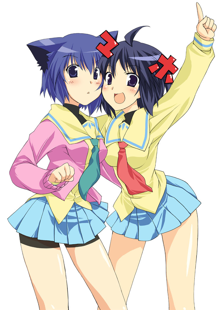 mizuki makoto, katagiri himeko, maho, serizawa akane, pani poni dash!, 00s, 2girls, :d, ahoge, animal ears, arm up, bike shorts, black eyes, black hair, blouse, blue eyes, blue hair, blue skirt, blush, cat ears, clenched hand, embarrassed, hair between eyes, hug, leaning forward, looking at viewer, miniskirt, multiple girls, necktie, open mouth, pleated skirt, pointing, school uniform, serafuku, shirt, short hair, shorts, shorts under skirt, simple background, skirt, smile, standing, triangle mouth, turtleneck, white background, yellow shirt